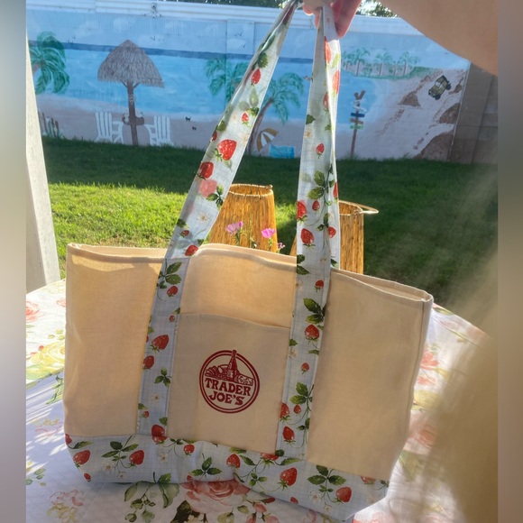 Trader Joe's Homemade Cream and Floral Tote Bag Strawberries - Picture 2 of 3